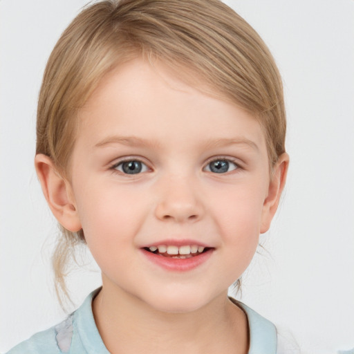 Joyful white child female with medium  brown hair and grey eyes