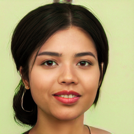 Joyful white young-adult female with medium  black hair and brown eyes