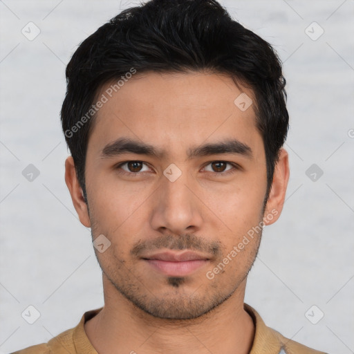 Neutral asian young-adult male with short  black hair and brown eyes