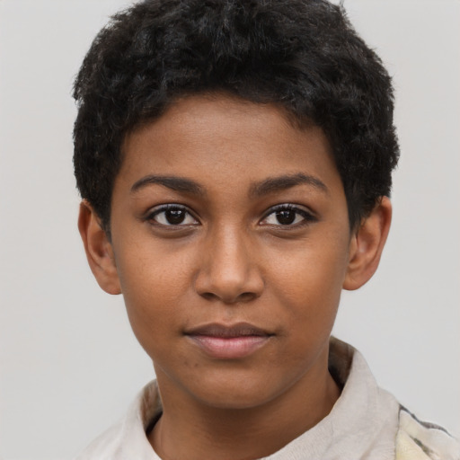 Neutral black young-adult female with short  black hair and brown eyes