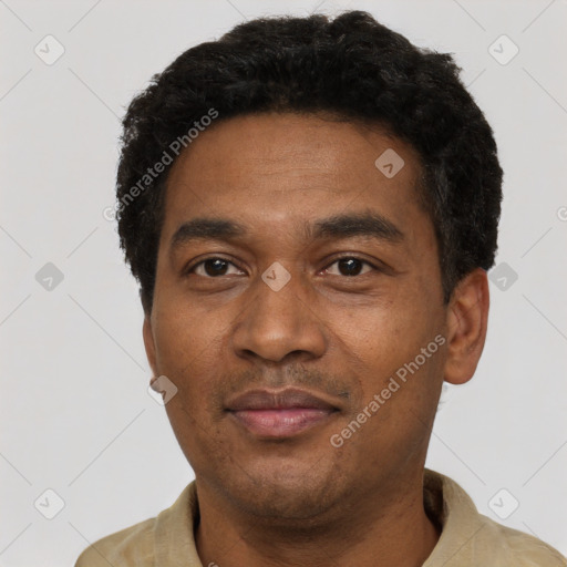 Neutral latino adult male with short  black hair and brown eyes