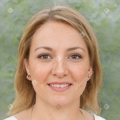 Joyful white adult female with medium  brown hair and brown eyes