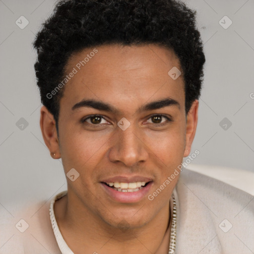 Joyful latino young-adult male with short  brown hair and brown eyes