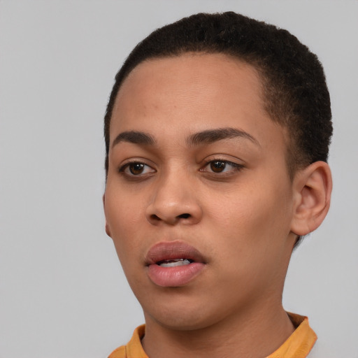 Neutral black young-adult female with short  black hair and brown eyes