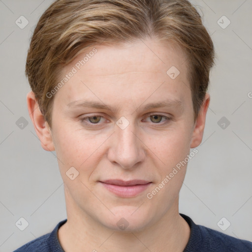 Joyful white young-adult female with short  brown hair and grey eyes