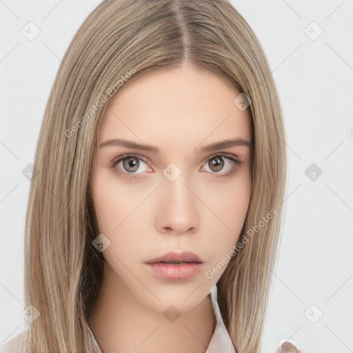 Neutral white young-adult female with long  brown hair and brown eyes