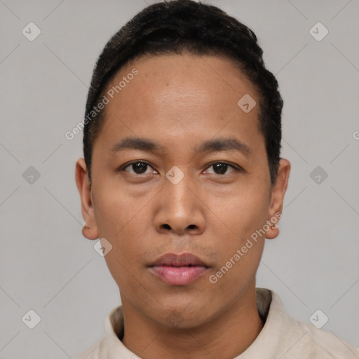 Neutral asian young-adult male with short  black hair and brown eyes