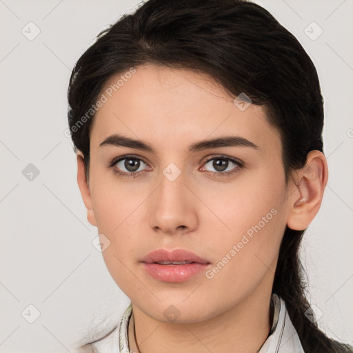 Neutral white young-adult female with medium  brown hair and brown eyes