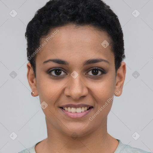 Joyful latino young-adult female with short  black hair and brown eyes