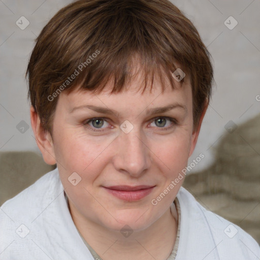 Joyful white young-adult female with medium  brown hair and blue eyes