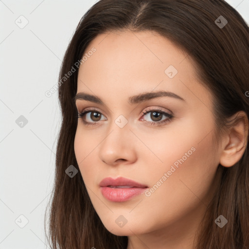 Neutral white young-adult female with long  brown hair and brown eyes