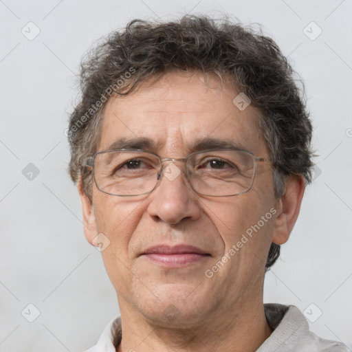 Joyful white middle-aged male with short  brown hair and brown eyes