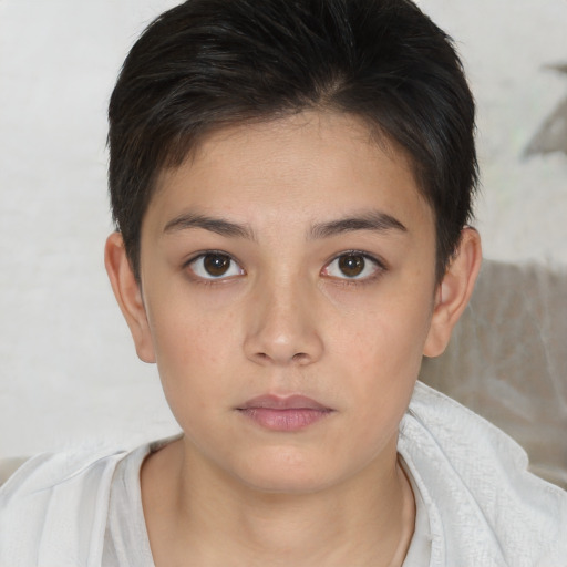Neutral white young-adult female with short  brown hair and brown eyes