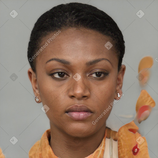 Neutral black young-adult female with short  brown hair and brown eyes