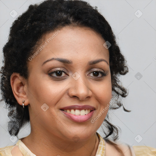 Joyful latino young-adult female with short  brown hair and brown eyes