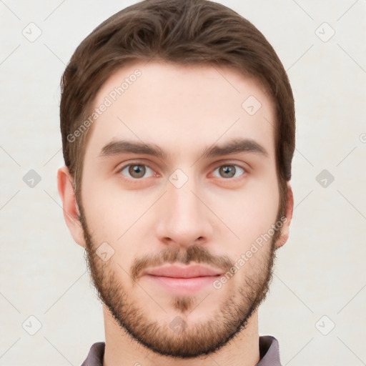 Neutral white young-adult male with short  brown hair and grey eyes