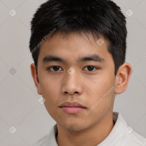 Neutral asian young-adult male with short  brown hair and brown eyes