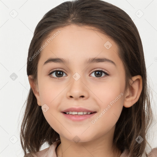 Joyful white child female with medium  brown hair and brown eyes