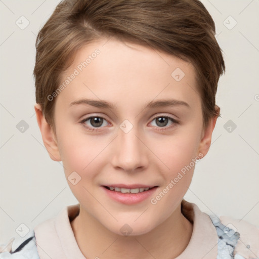 Joyful white child female with short  brown hair and brown eyes