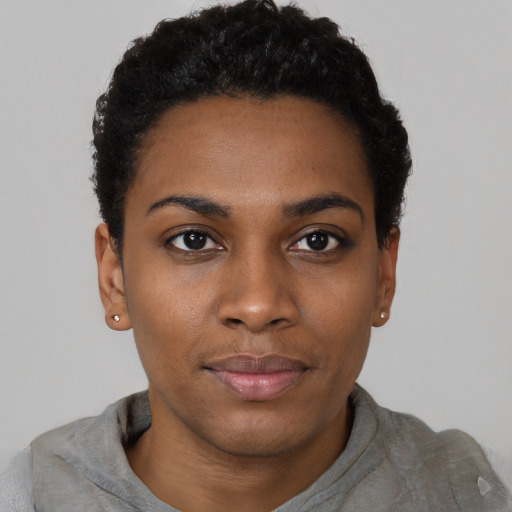 Neutral black young-adult female with short  black hair and brown eyes
