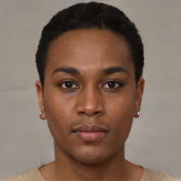 Neutral black young-adult female with short  brown hair and brown eyes