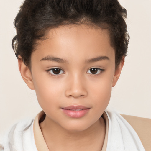 Joyful white child female with short  brown hair and brown eyes