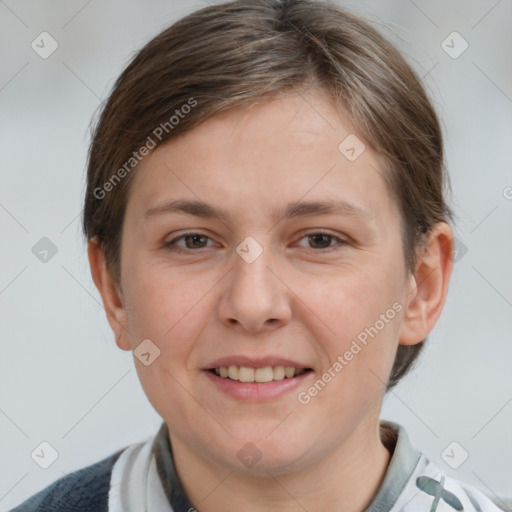 Joyful white young-adult female with short  brown hair and grey eyes