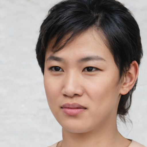 Neutral asian young-adult female with medium  brown hair and brown eyes