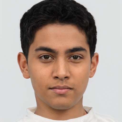 Neutral latino young-adult male with short  black hair and brown eyes