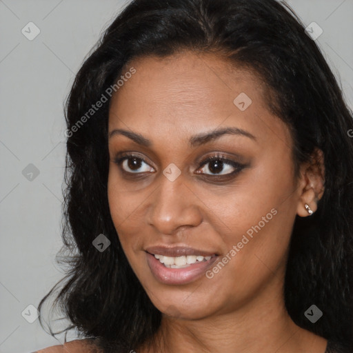 Joyful latino young-adult female with long  brown hair and brown eyes