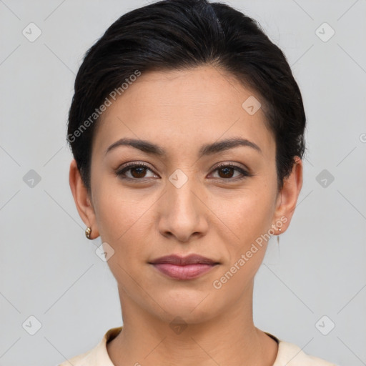 Joyful white young-adult female with short  brown hair and brown eyes