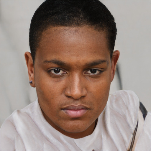 Neutral black young-adult male with short  black hair and brown eyes