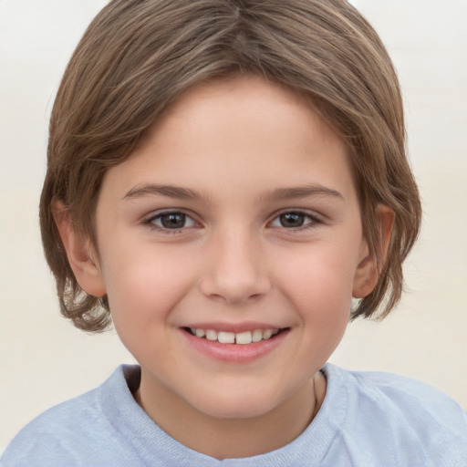 Joyful white child female with short  brown hair and brown eyes