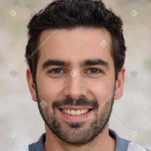 Joyful white young-adult male with short  black hair and brown eyes