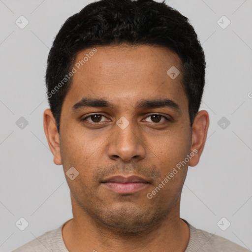 Neutral latino young-adult male with short  black hair and brown eyes