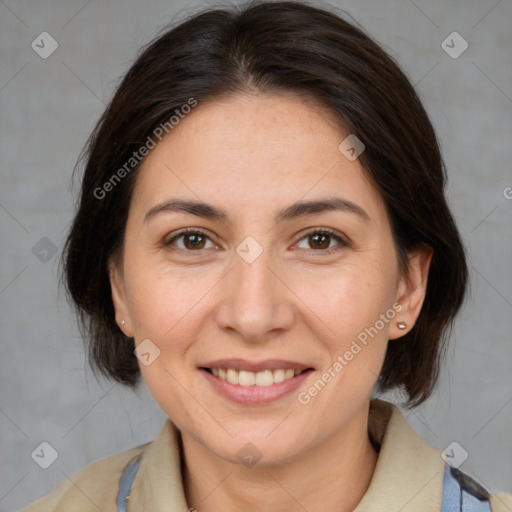 Joyful white adult female with medium  brown hair and brown eyes