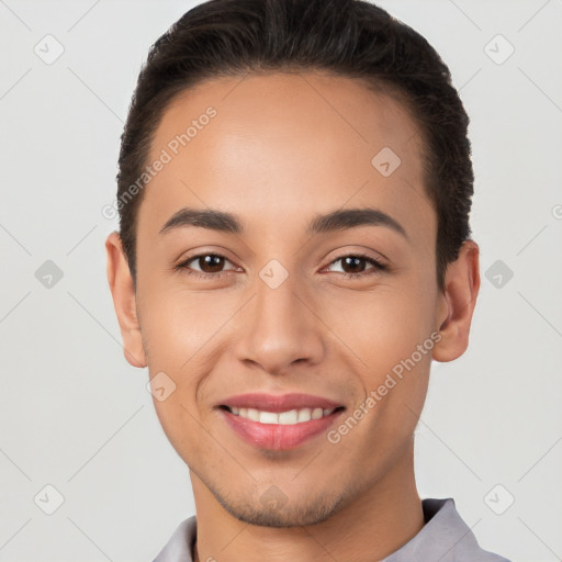 Joyful white young-adult male with short  brown hair and brown eyes