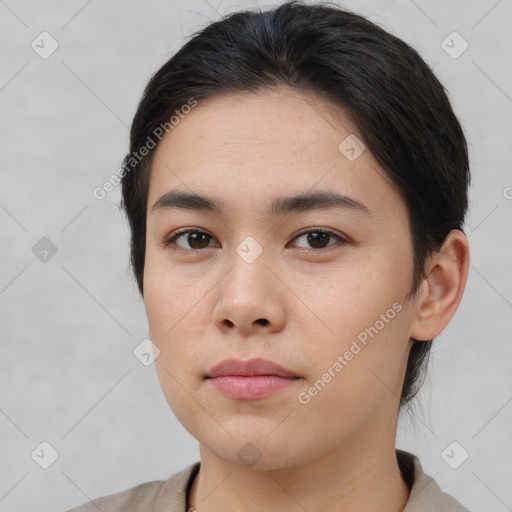 Neutral white young-adult female with medium  brown hair and brown eyes