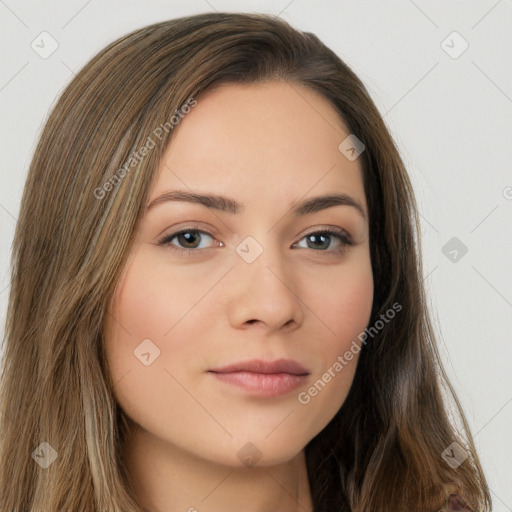 Neutral white young-adult female with long  brown hair and brown eyes