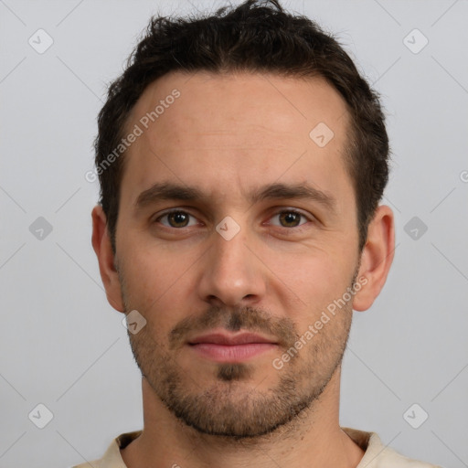 Neutral white young-adult male with short  brown hair and brown eyes