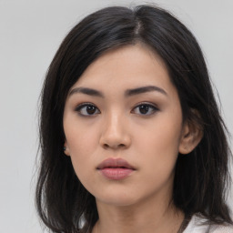 Neutral asian young-adult female with long  black hair and brown eyes