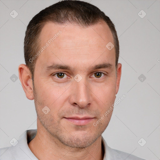 Neutral white young-adult male with short  brown hair and brown eyes