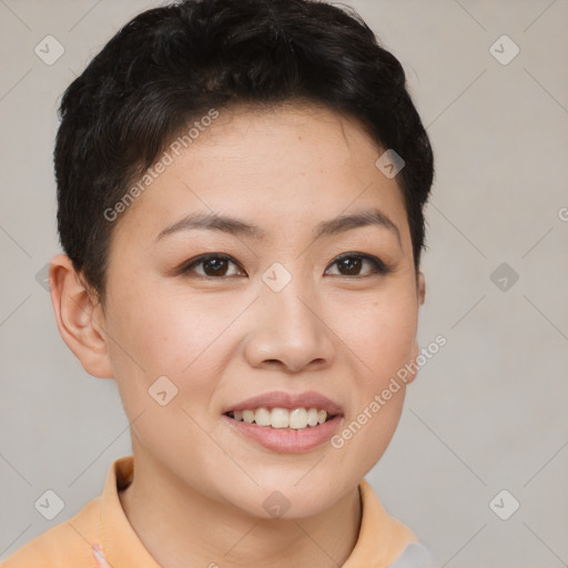 Joyful asian young-adult female with short  brown hair and brown eyes