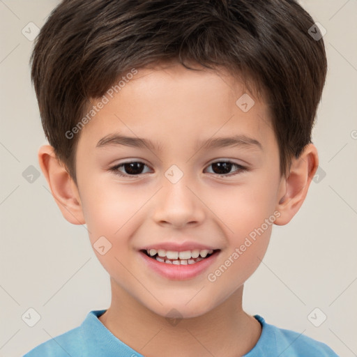 Joyful white child male with short  brown hair and brown eyes