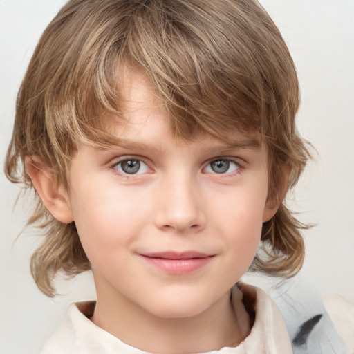 Joyful white child female with medium  brown hair and grey eyes