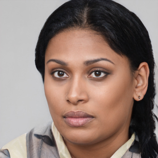 Neutral asian young-adult female with medium  black hair and brown eyes