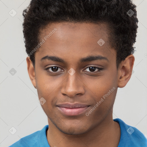 Joyful black young-adult male with short  brown hair and brown eyes