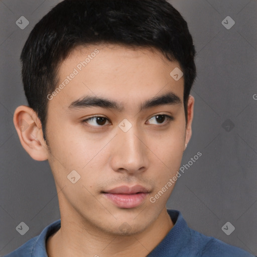 Neutral asian young-adult male with short  brown hair and brown eyes