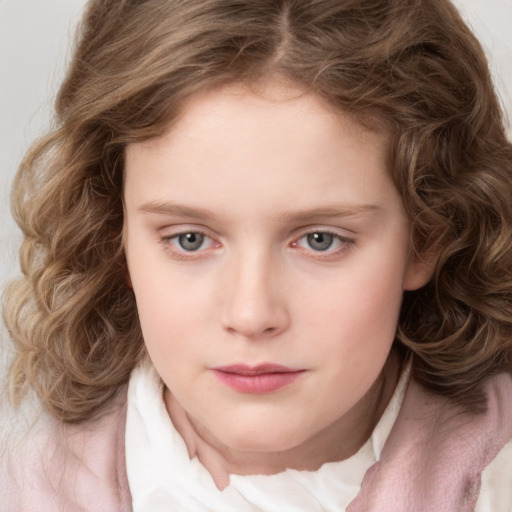 Neutral white child female with medium  brown hair and blue eyes