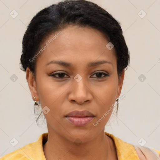 Joyful latino young-adult female with short  brown hair and brown eyes